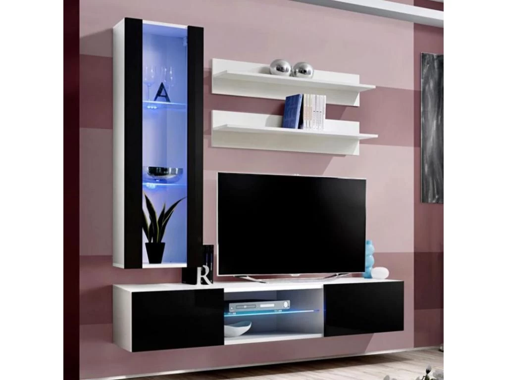 Meuble TV Mural Design "Fly XIX" 170cm Noir & Blanc