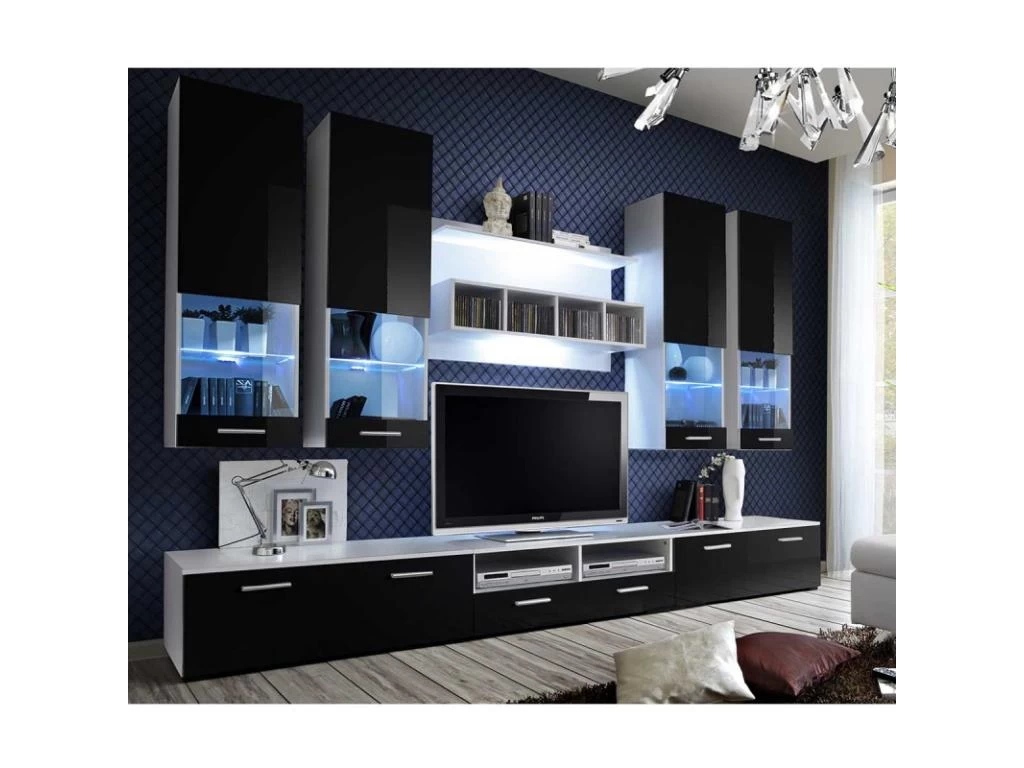 Meuble TV Mural Design "Dorade" 300cm Noir & Blanc