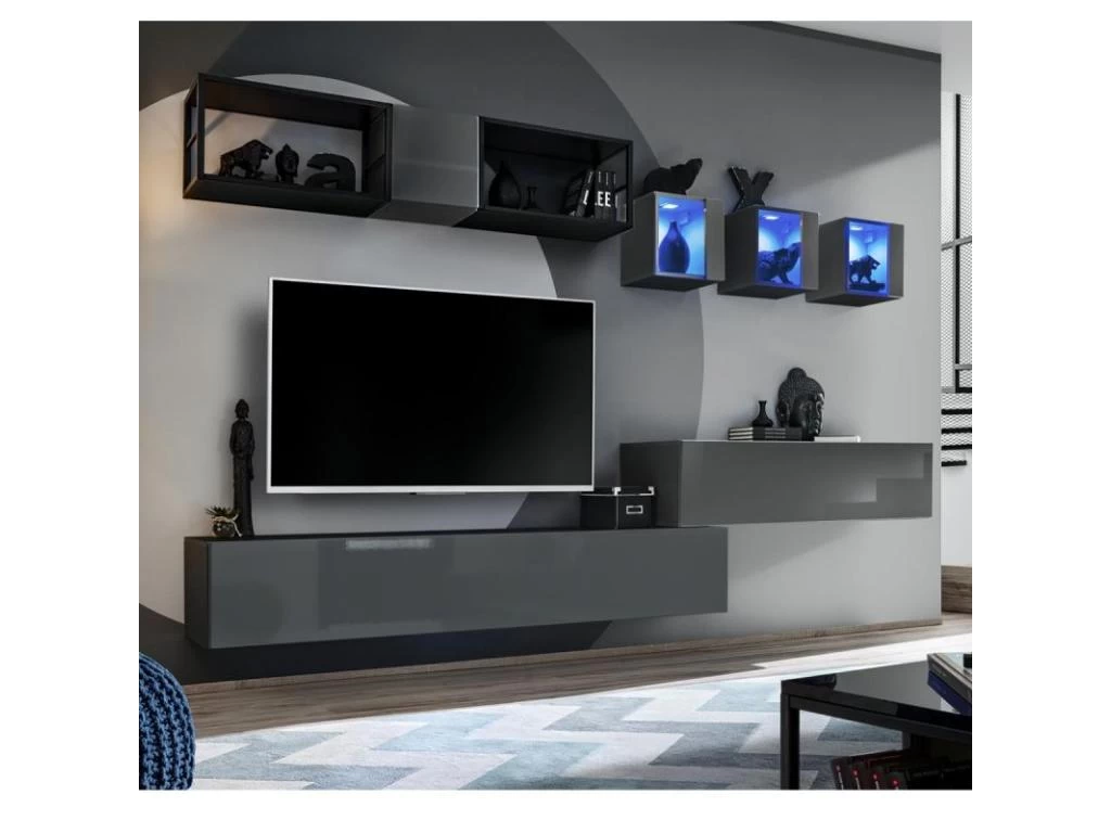 Ensemble Meuble TV Design "Switch III" 280cm Gris & Noir