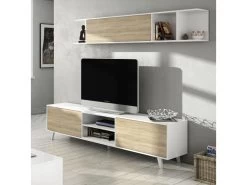 Composition TV Blanc Brillant/ChĂȘne Clair - STOCKTON