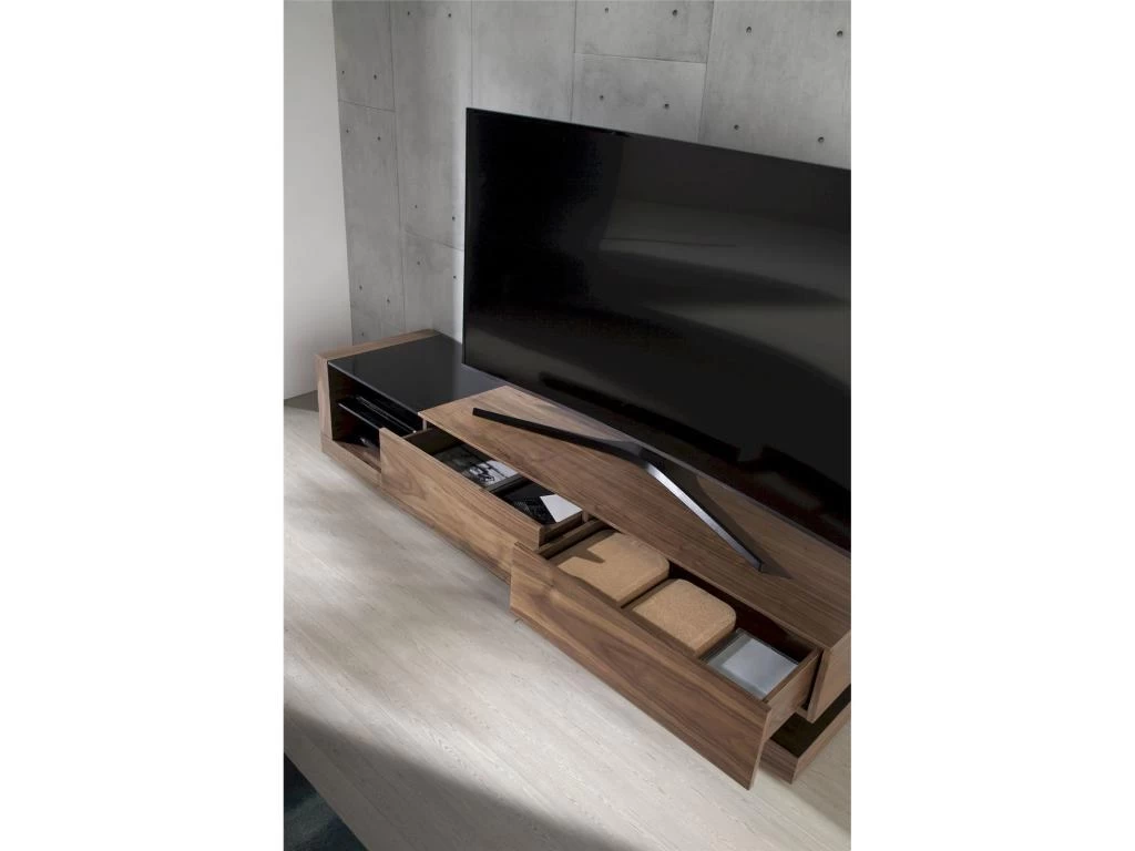 Meuble TV Bois 2 Tiroirs Et 2 Espaces Ouverts De Rangement Insert Acier Poli Pieds Bois – Image 2