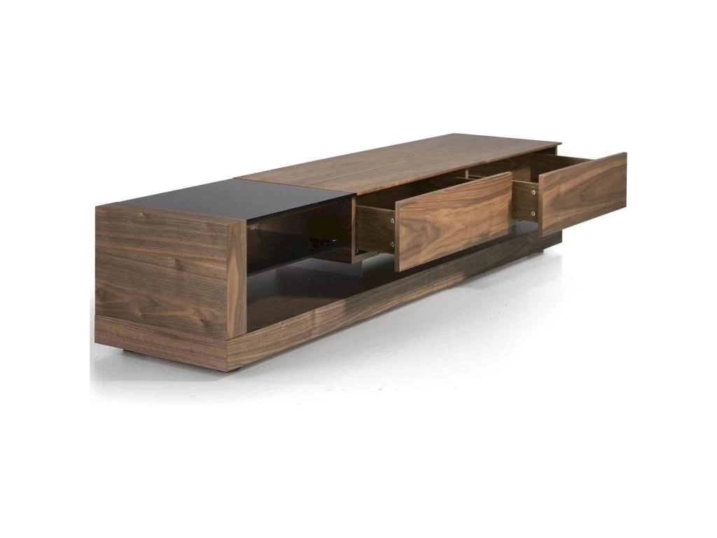 Meuble TV Bois 2 Tiroirs Et 2 Espaces Ouverts De Rangement Insert Acier Poli Pieds Bois – Image 4