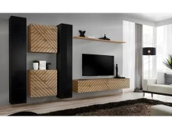 Ensemble De Meubles Design De Salon SWITCH VI. Coloris Noir Et ChĂȘne Finition Noires Brillantes Et ChĂȘne Effet FraisĂ©.