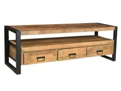 Meuble TV Avec 3 Tiroirs Et 1 Niche En Bois De Manguier Et Métal Noir - Naturel Clair - HARLEM