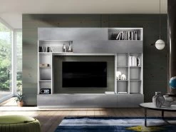 Mur TV MAJORIS Avec Rangements - Coloris : Blanc Laqué Et Béton