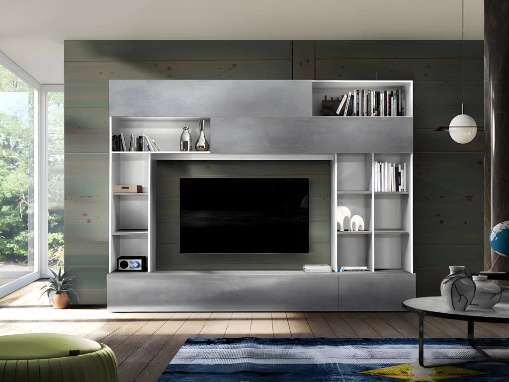 Mur TV MAJORIS Avec Rangements - Coloris : Blanc Laqué Et Béton