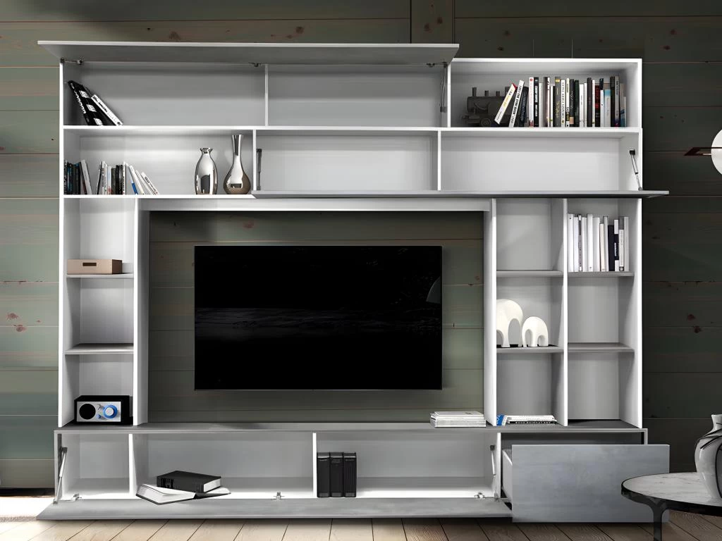 Mur TV MAJORIS Avec Rangements - Coloris : Blanc Laqué Et Béton – Image 3