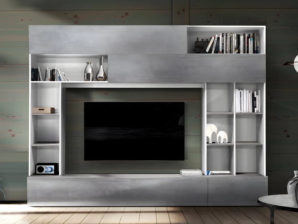 Mur TV MAJORIS Avec Rangements - Coloris : Blanc Laqué Et Béton – Image 2