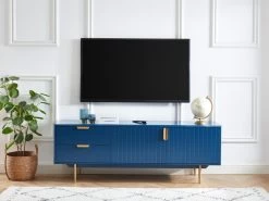 Meuble TV - 2 Portes Et 2 Tiroirs - MDF Et Métal - Bleu Et Doré - LIKANA