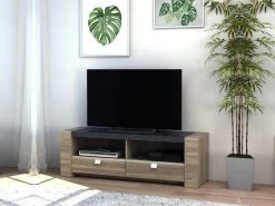 Meuble TV METEORITE - 2 Niches & 2 Tiroirs - MDF Plateau Effet Granite