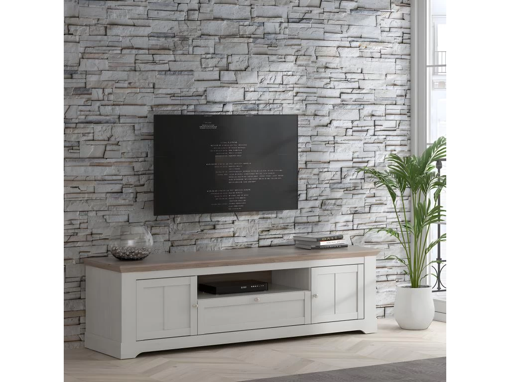 Meuble TV 205 Cm 2 Portes 1 Tiroir Décor Chêne Blanchi - ANGELE – Image 2