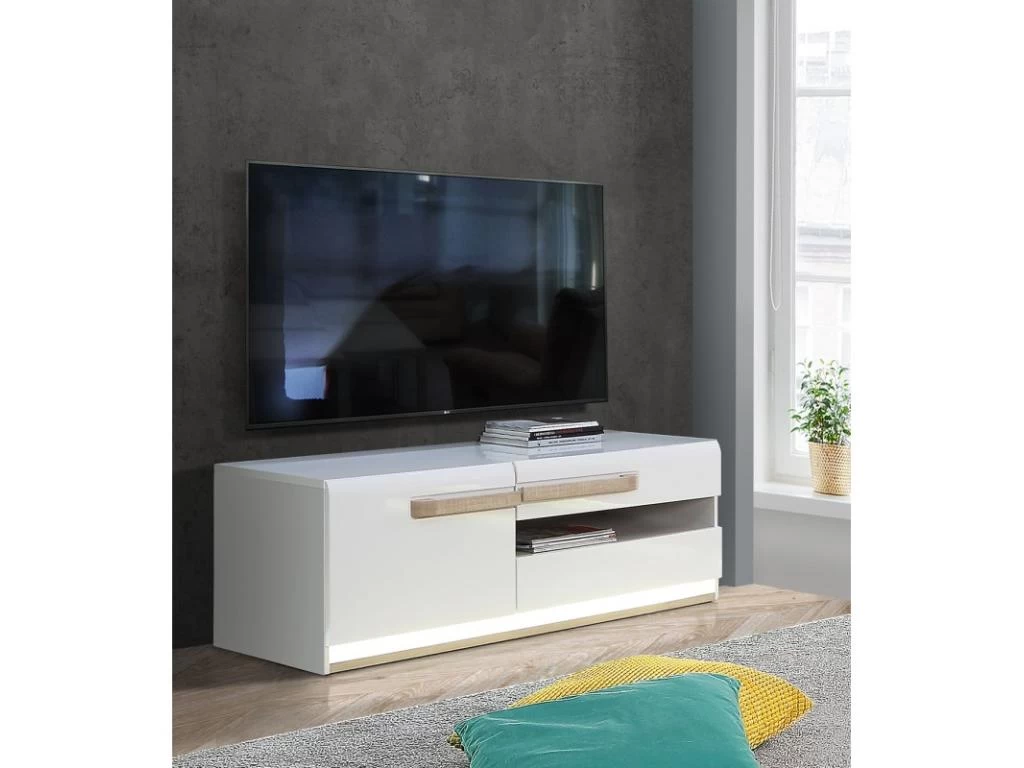 Meuble TV Blanc Laqué Et Décor Chêne Naturel - ALEXIANE – Image 2