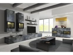 Ensemble De 7 Meubles De Salon Collection RAMOS. Couleur Gris Effet Ardoise Et Noir.