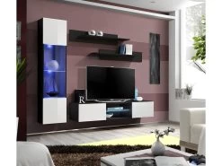 Ensemble Meuble TV FLY R3 Avec LED. Coloris Noir Et Blanc. Meuble Suspendu Design Pour Votre Salon.