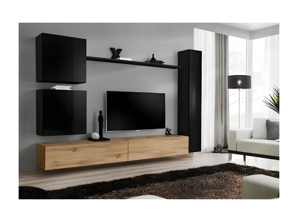 Ensemble Meuble Pour Salon, Mural, SWITCH VIII.Meuble TV Mural Design, Coloris ChĂȘne Wotan Et Noir Brillant.