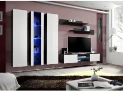 Ensemble Meuble TV FLY P4 Avec LED. Coloris Noir Et Blanc. Meubles Suspendus Design Pour Votre Salon.