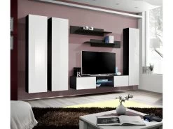 Ensemble Meuble TV FLY P1 Avec LED. Coloris Noir Et Blanc. Meubles Suspendus Design Pour Votre Salon.