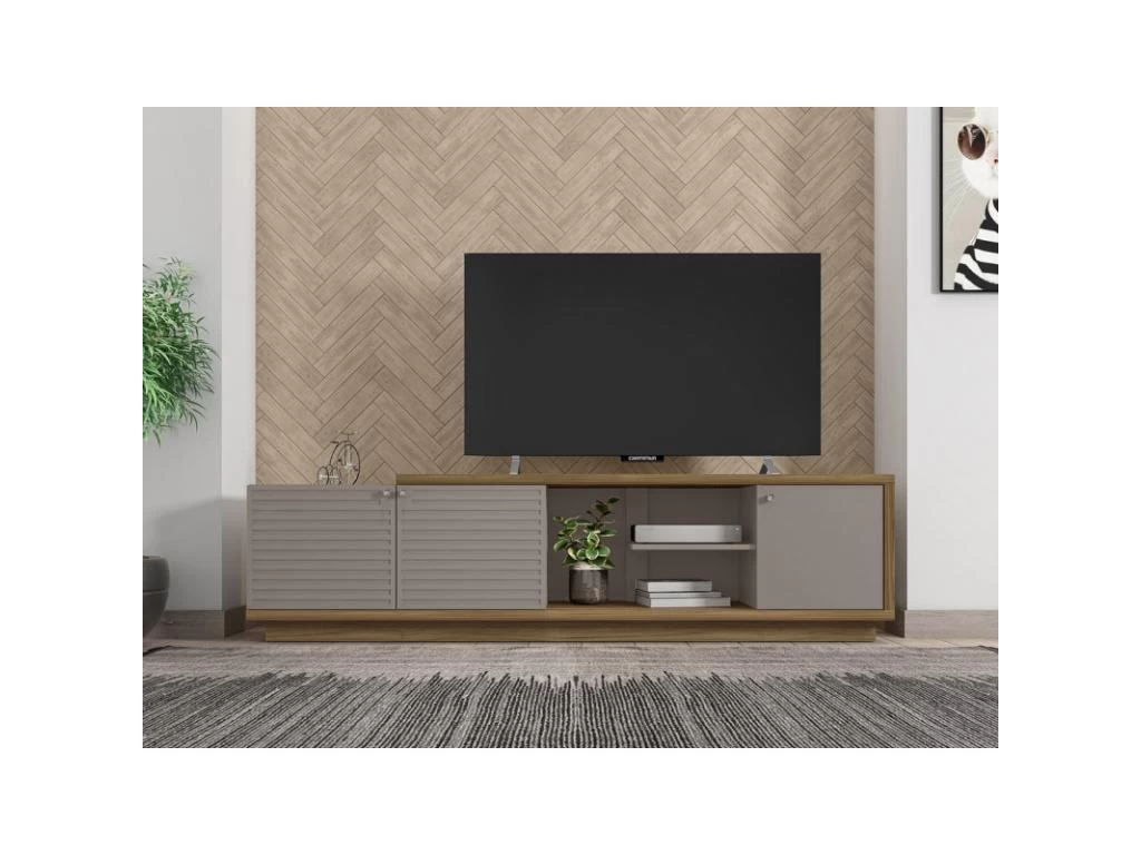 Meuble TV 75 Pouces 3 Portes ChĂȘne Et Taupe â Image 3