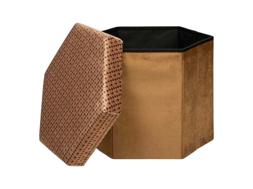 Pouf Pliant Et Coffre De Rangement En Velours Marron Caramel Avec Motifs – Image 2