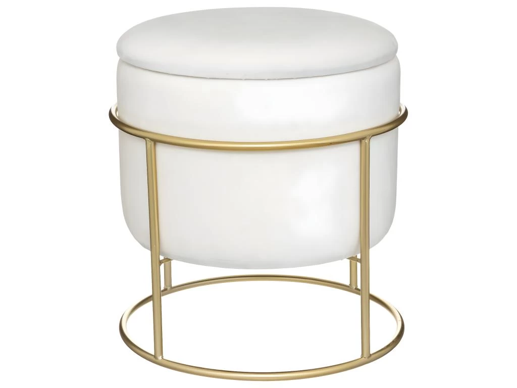 Pouf Et Coffre De Rangement En Velours Blanc Ivoire Et Support En Métal D 42 X H 44 Cm