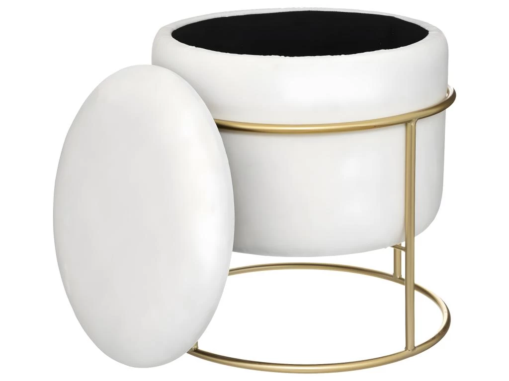 Pouf Et Coffre De Rangement En Velours Blanc Ivoire Et Support En Métal D 42 X H 44 Cm – Image 2