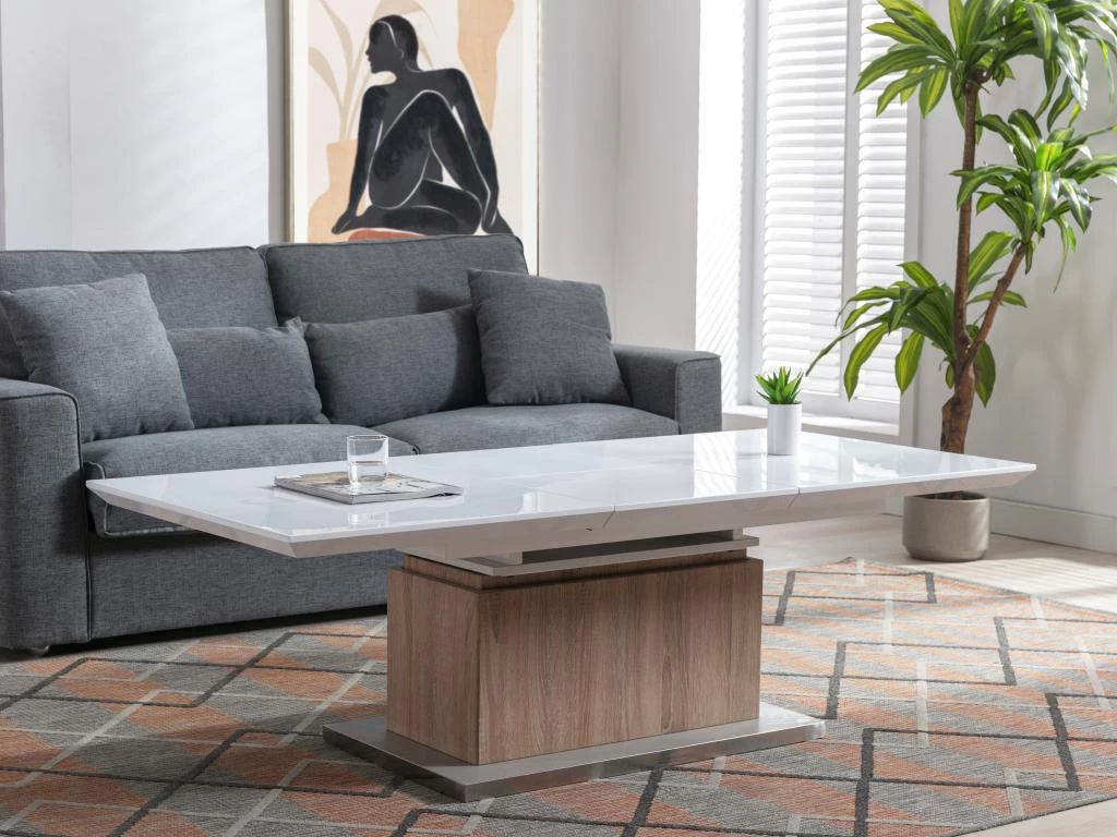 Table Extensible Et Relevable 2 En 1 - MDF Et Acier Inoxydable - Naturel Et Blanc - CAPANI – Image 8