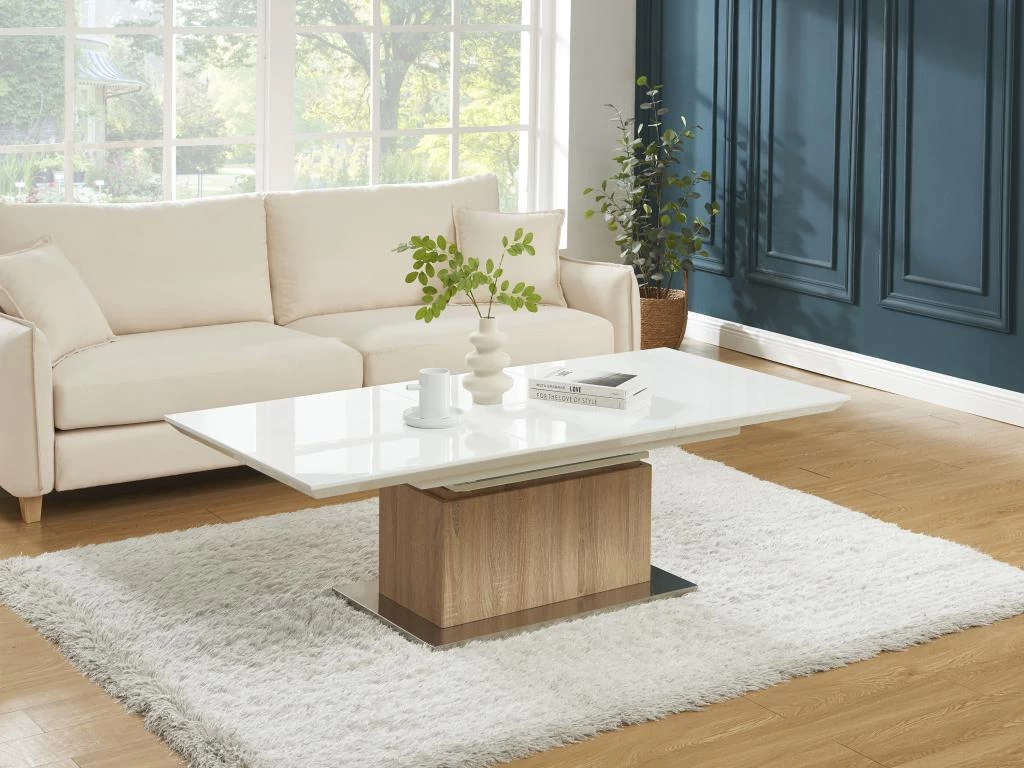 Table Extensible Et Relevable 2 En 1 - MDF Et Acier Inoxydable - Naturel Et Blanc - CAPANI – Image 3