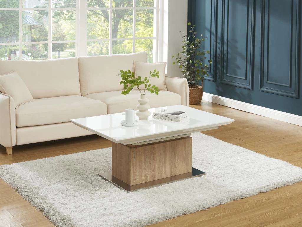 Table Extensible Et Relevable 2 En 1 - MDF Et Acier Inoxydable - Naturel Et Blanc - CAPANI