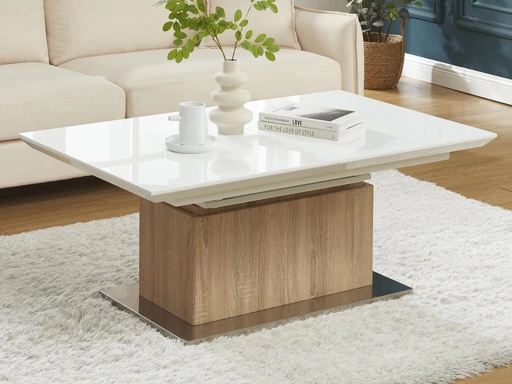 Table Extensible Et Relevable 2 En 1 - MDF Et Acier Inoxydable - Naturel Et Blanc - CAPANI – Image 2