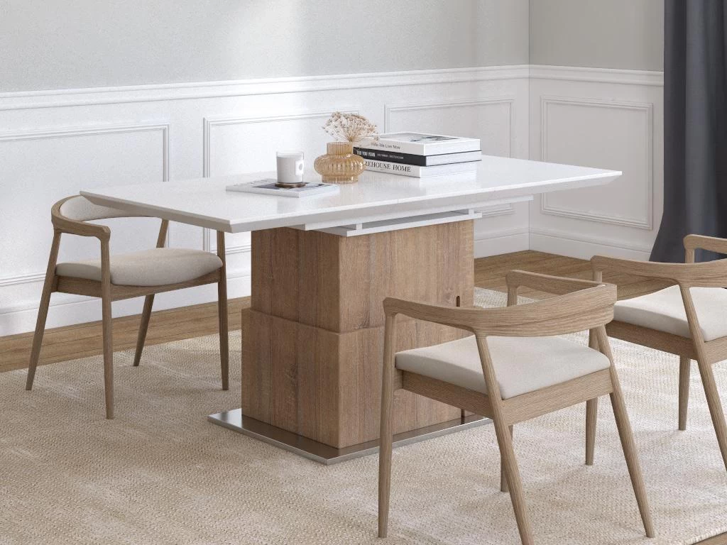 Table Extensible Et Relevable 2 En 1 - MDF Et Acier Inoxydable - Naturel Et Blanc - CAPANI – Image 6