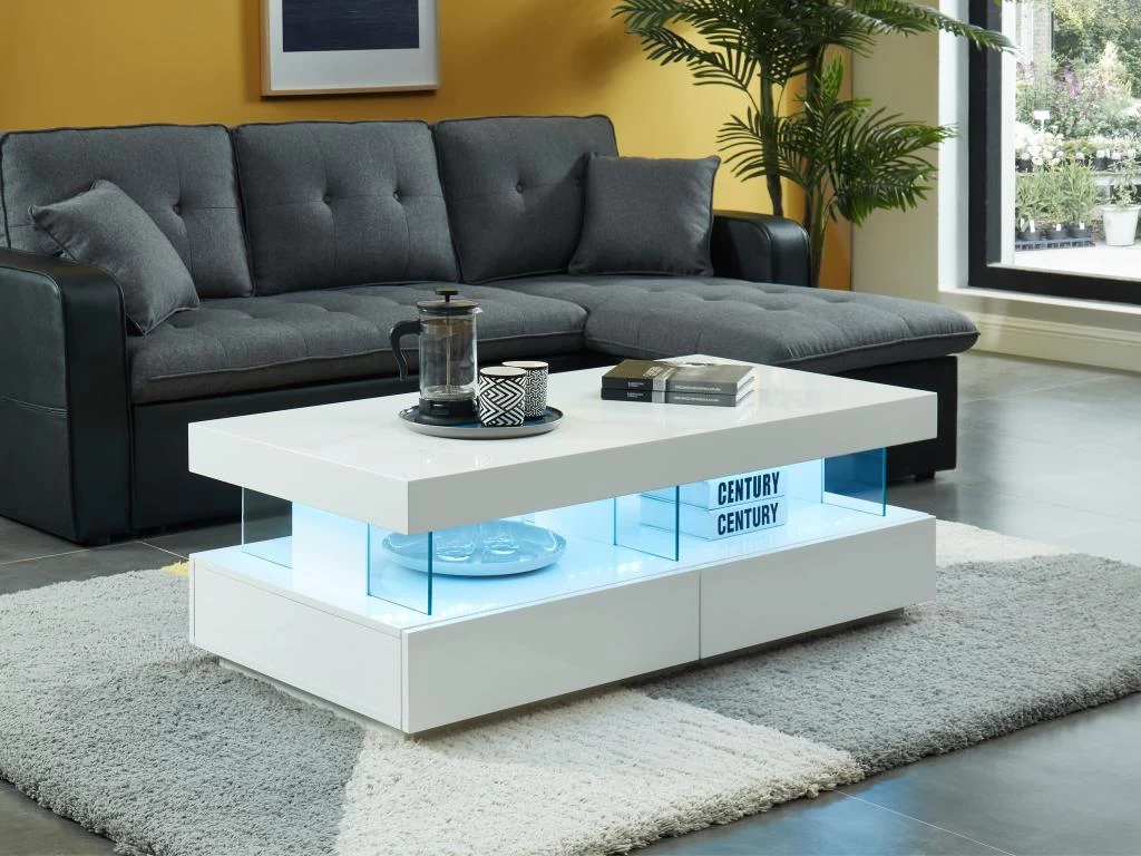 Table Basse 2 Tiroirs Et 2 Niches Avec LEDs - MDF Et Verre Trempé - Blanc Laqué - FABIO II