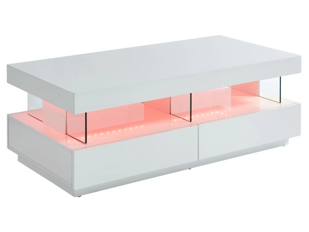 Table Basse 2 Tiroirs Et 2 Niches Avec LEDs - MDF Et Verre Trempé - Blanc Laqué - FABIO II – Image 3