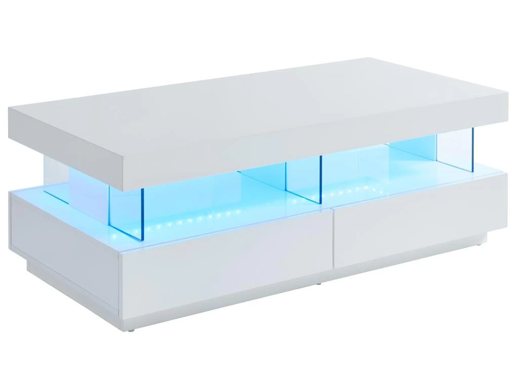 Table Basse 2 Tiroirs Et 2 Niches Avec LEDs - MDF Et Verre Trempé - Blanc Laqué - FABIO II – Image 5