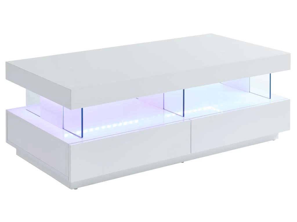 Table Basse 2 Tiroirs Et 2 Niches Avec LEDs - MDF Et Verre Trempé - Blanc Laqué - FABIO II – Image 2