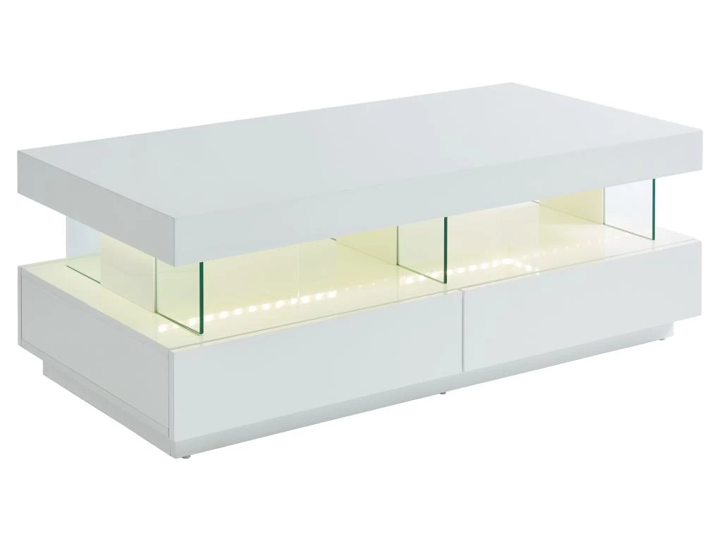 Table Basse 2 Tiroirs Et 2 Niches Avec LEDs - MDF Et Verre Trempé - Blanc Laqué - FABIO II – Image 6