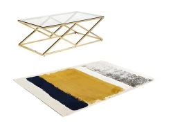 Ensemble Table Basse Dorée CHARLOTTE Et Tapis Bleu, Moutarde Et Gris CAMDEN