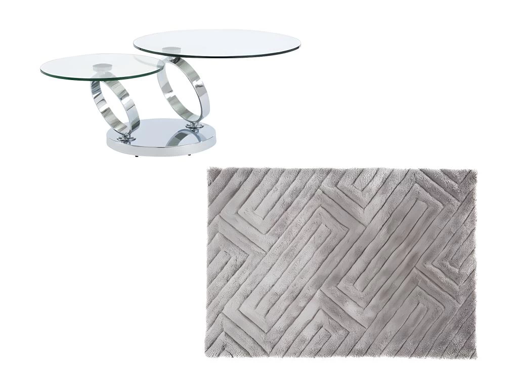 Ensemble Table Basse Plateau Pivotant Transparent JOLINE Et Tapis Shaggy Gris MAZE – Image 2