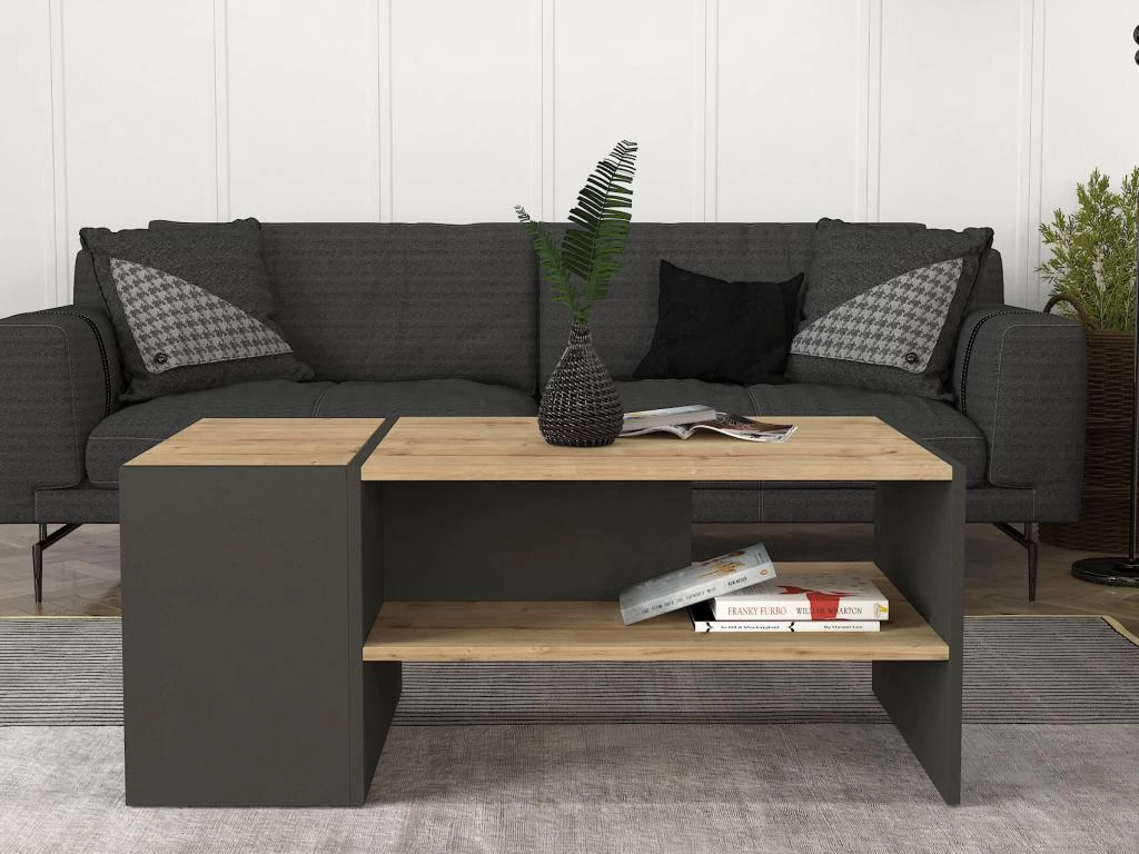 Table Basse Avec Rangements - Anthracite Et Naturel - VELKAN
