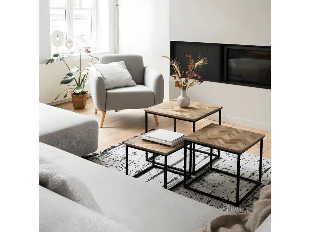 Bobokan - 3 Tables Basses Gigognes Carrées En Métal Et Teck Recyclé - Couleur - Bois Clair / Noir – Image 2