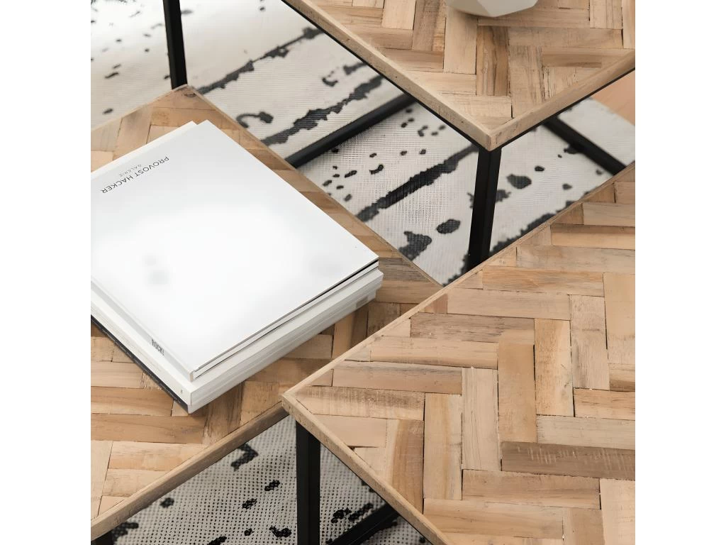 Bobokan - 3 Tables Basses Gigognes Carrées En Métal Et Teck Recyclé - Couleur - Bois Clair / Noir – Image 3