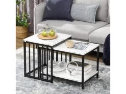 Lot De 2 Tables Basses Gigognes Design - Acier Noir Panneaux Aspect Marbre Blanc