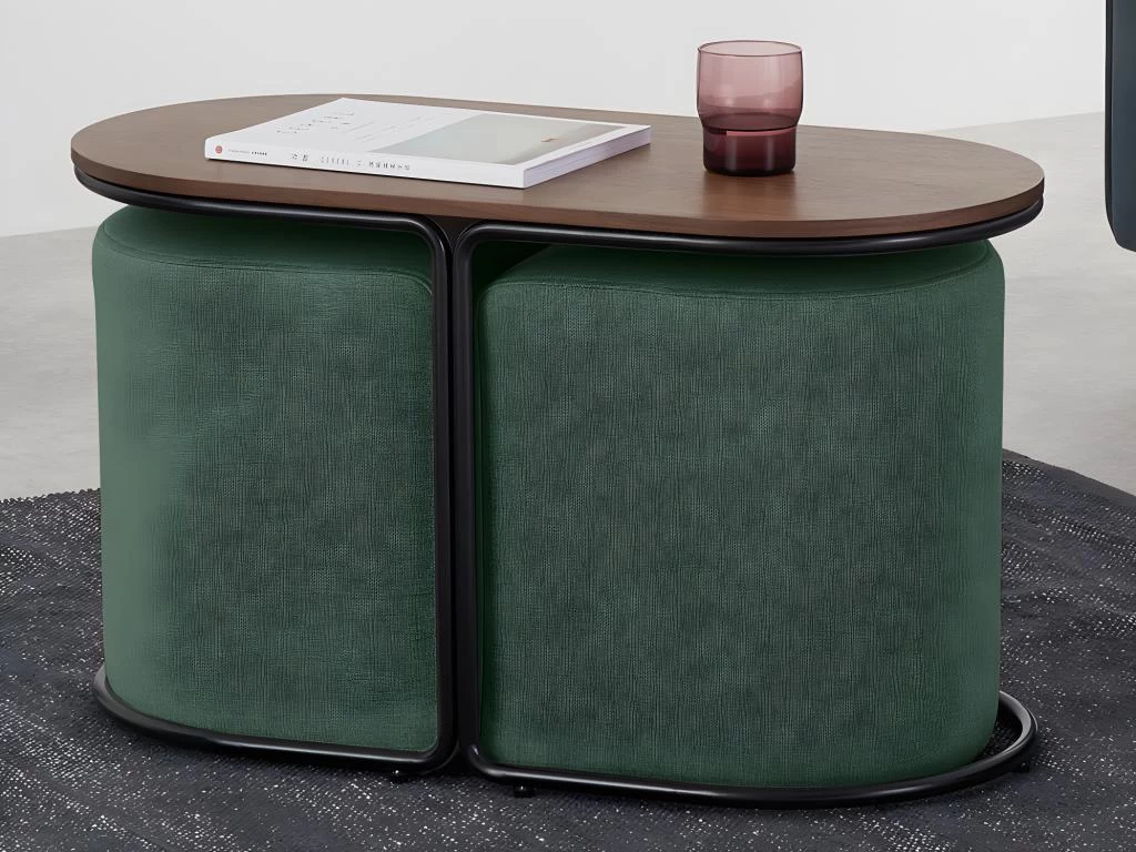 Table Basse + 2 Poufs En Tissu - Naturel Et Vert - ADAR – Image 2