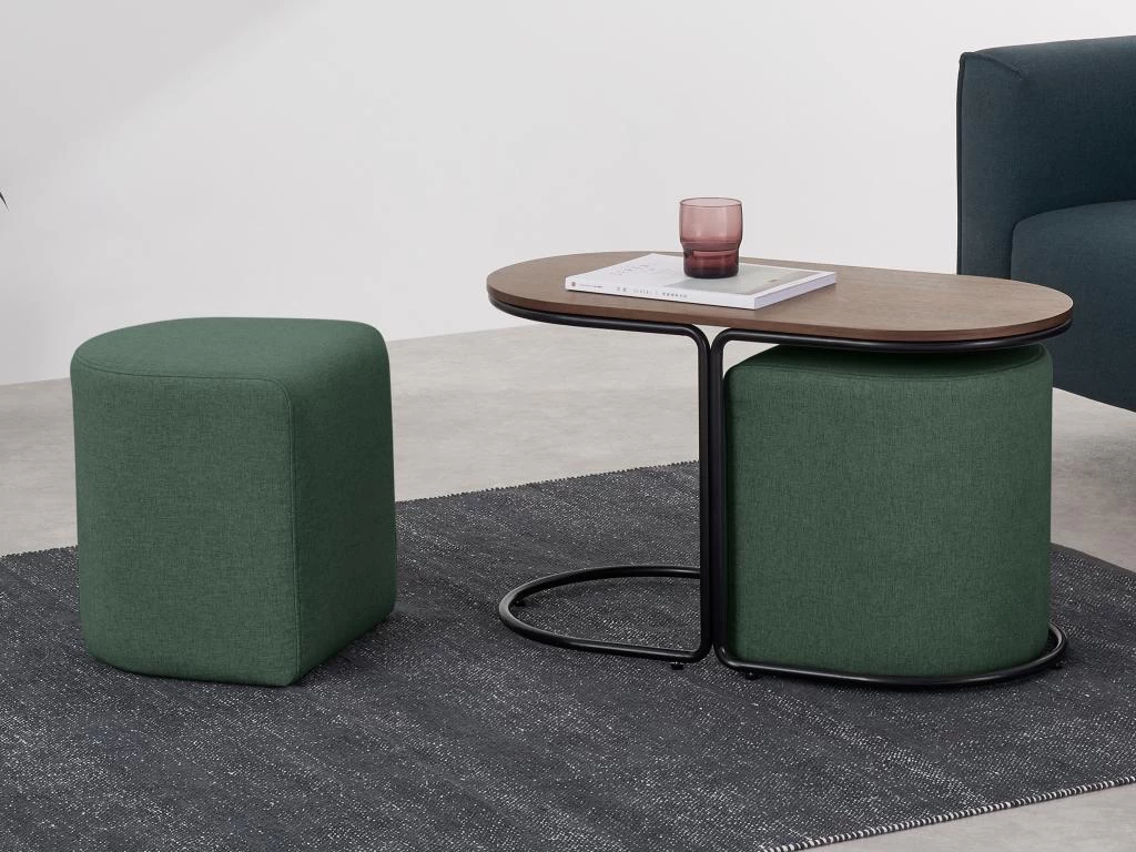 Table Basse + 2 Poufs En Tissu - Naturel Et Vert - ADAR – Image 3