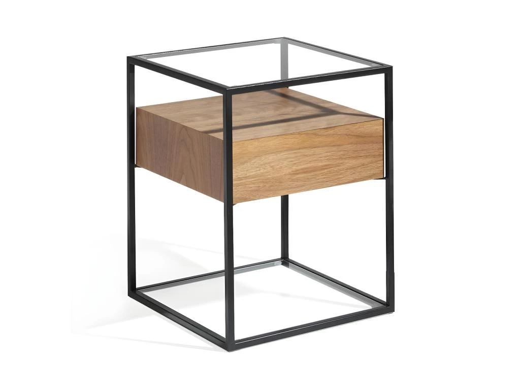 Table D'appoint 1 Tiroir Métal/Verre/Noyer - LIVER