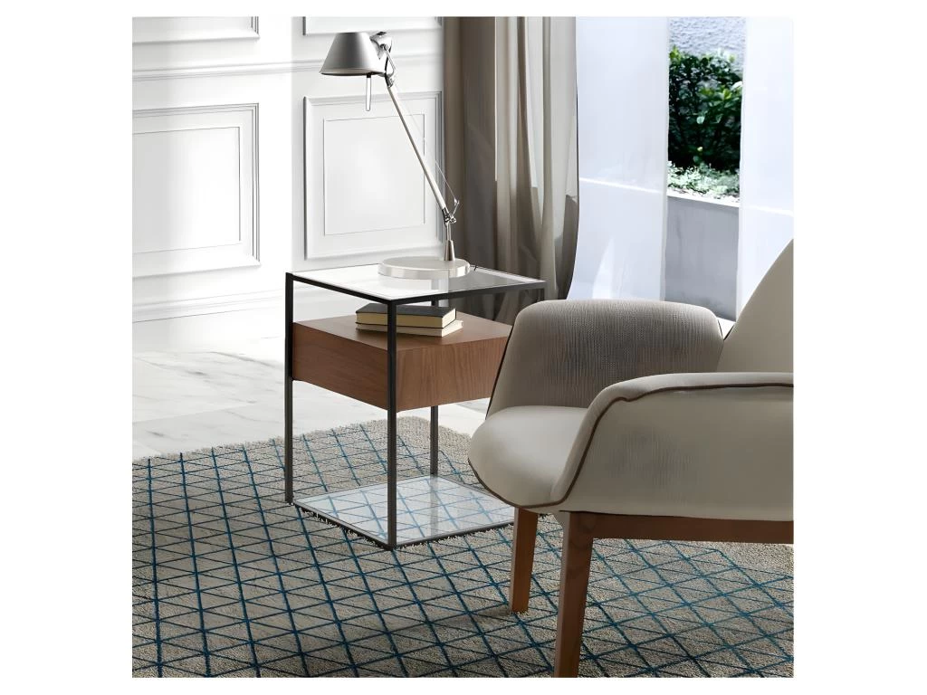 Table D'appoint 1 Tiroir Métal/Verre/Noyer - LIVER – Image 3