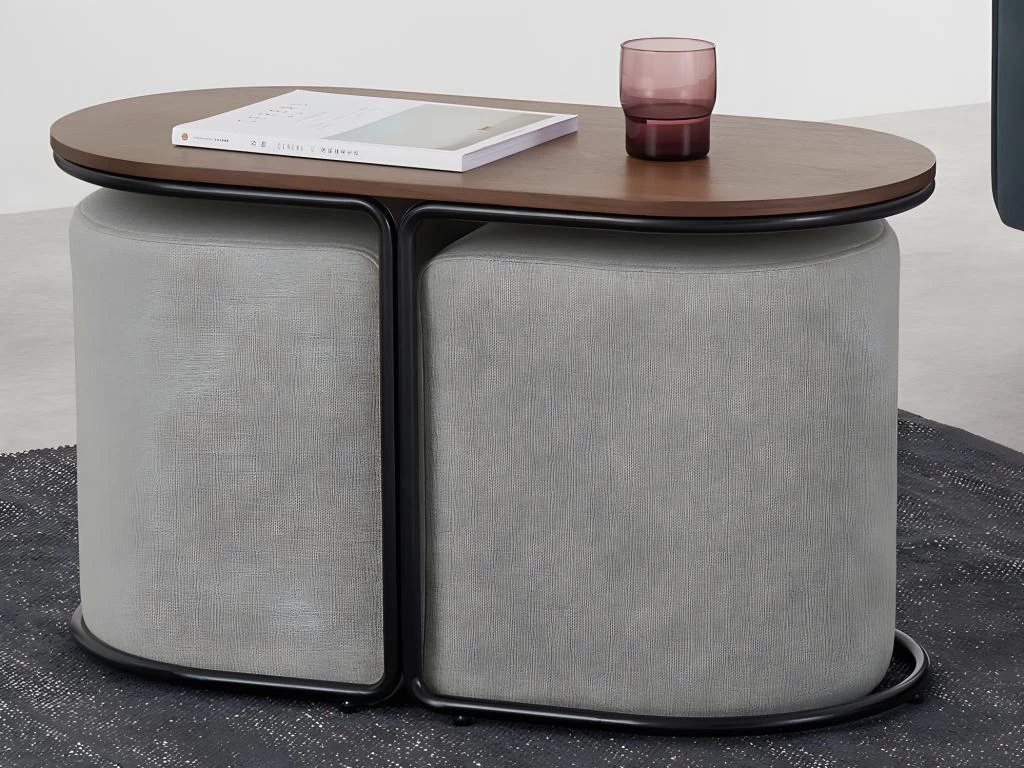 Table Basse + 2 Poufs En Tissu - Naturel Et Gris - ADAR – Image 2