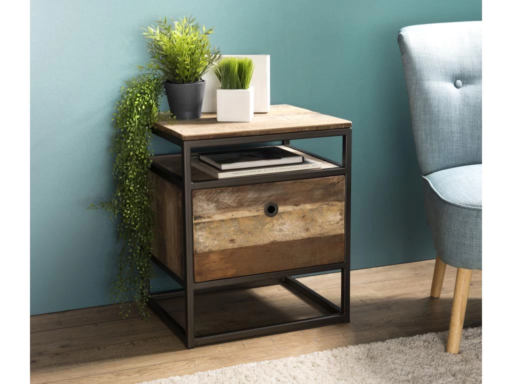 Table D'appoint Tiroir Teck Recyclé Acacia Acajou Métal Noir L47