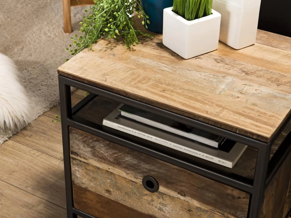 Table D'appoint Tiroir Teck Recyclé Acacia Acajou Métal Noir L47 – Image 3