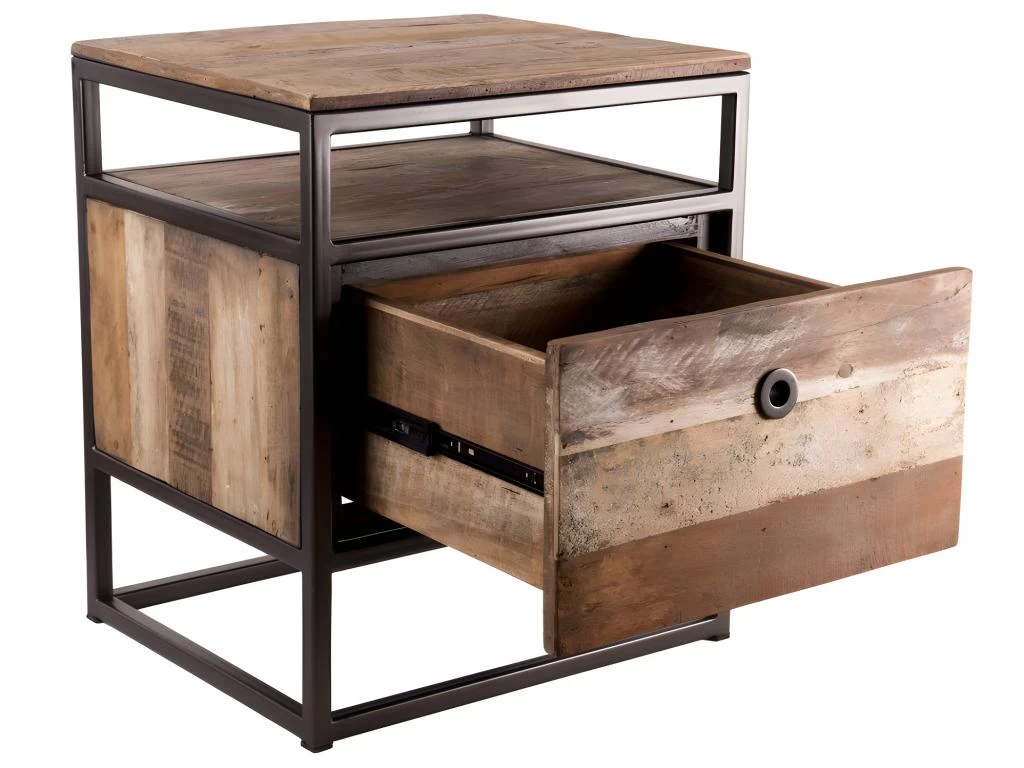 Table D'appoint Tiroir Teck Recyclé Acacia Acajou Métal Noir L47 – Image 4