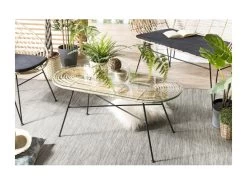 CHLOE - Table Basse 100x45cm Rotin Naturel Plateau Verre Pieds Métal Noir